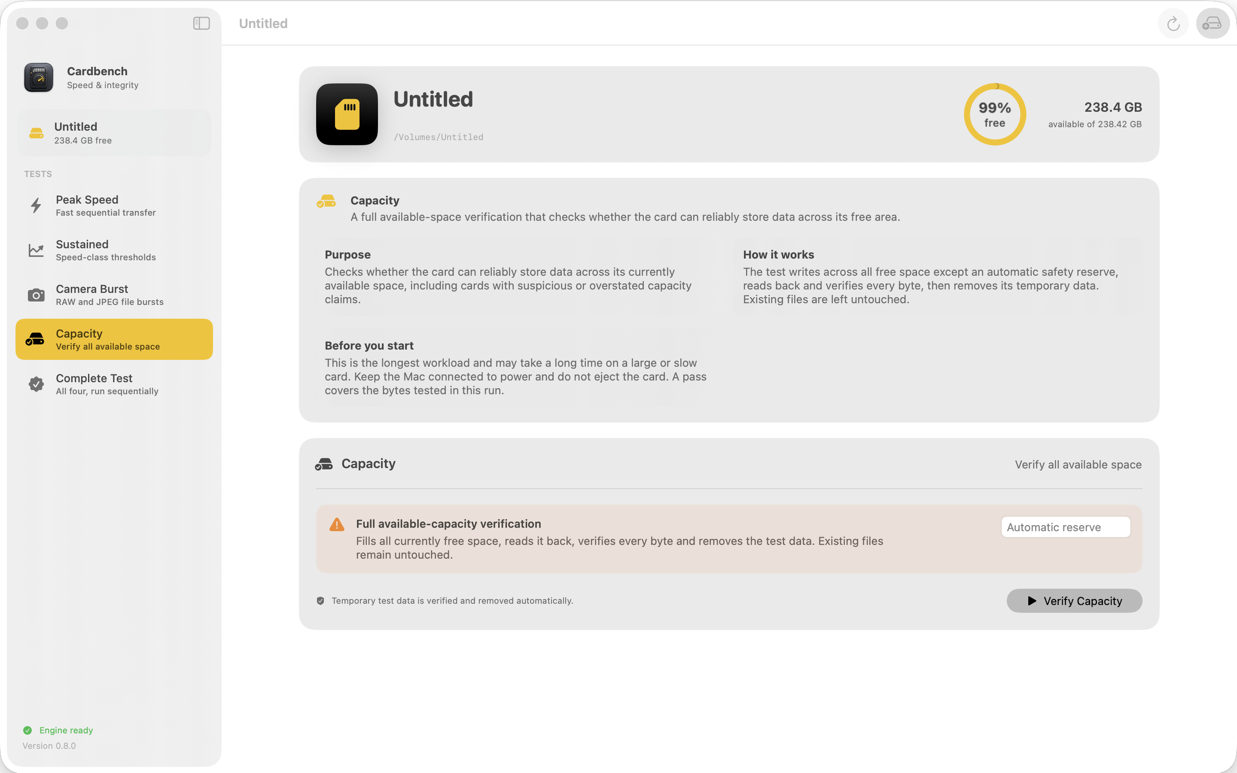 Cardbench capacity verification screenshot
