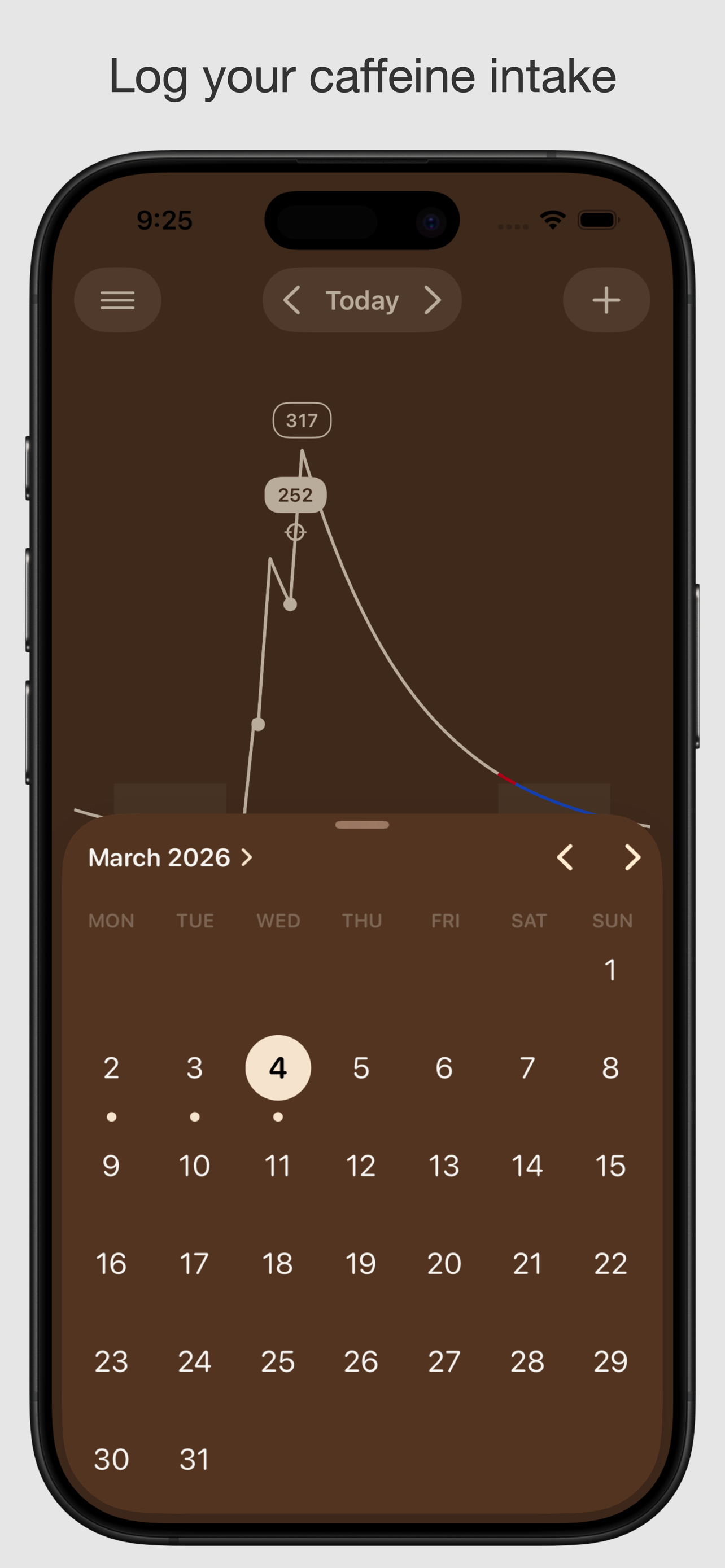 Decaffed screenshot showing caffeine tracking