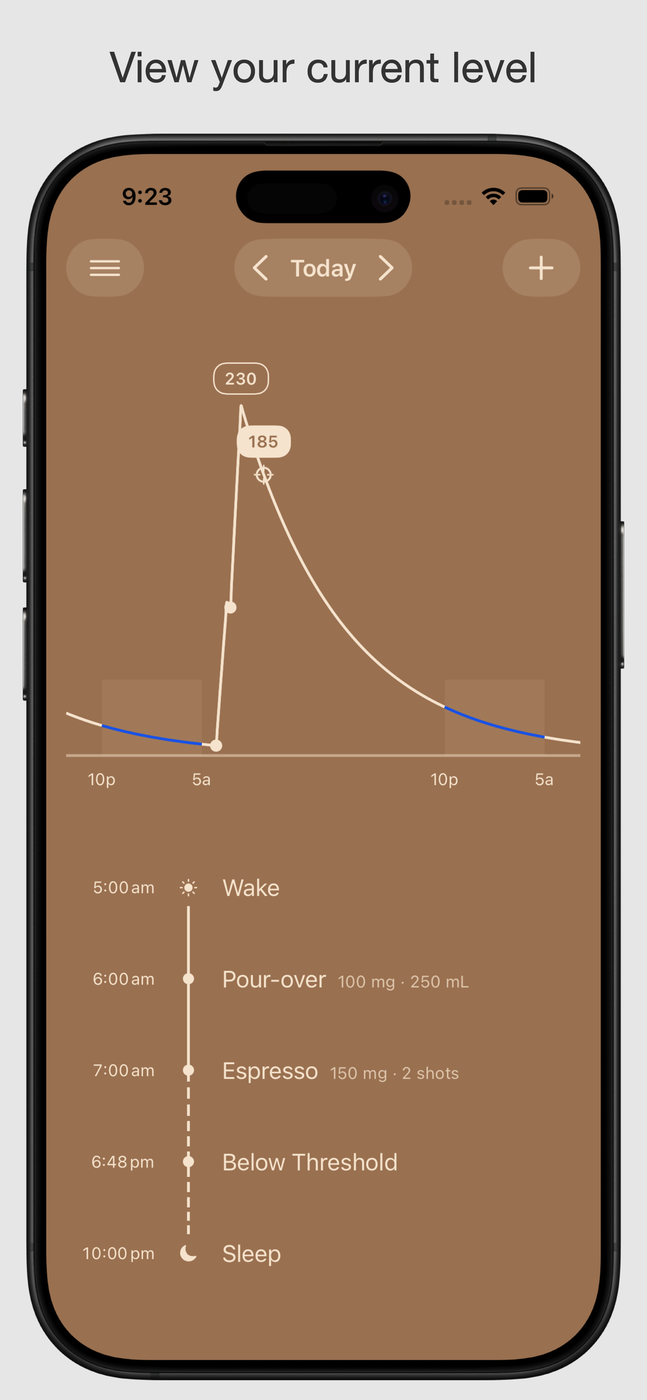 Decaffed screenshot showing caffeine timeline