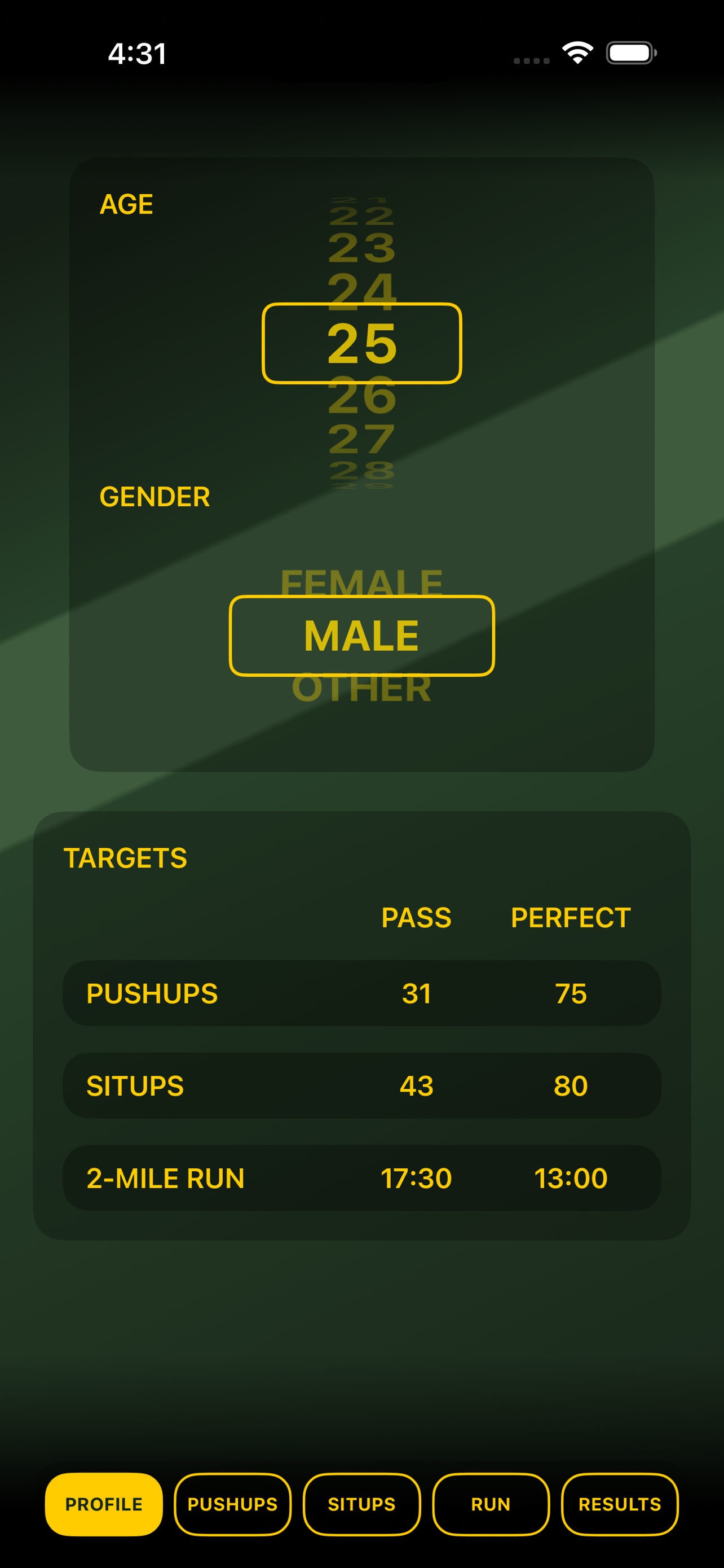 Fighting Fit profile targets screenshot