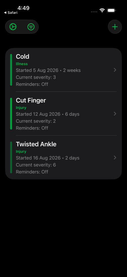 RecoverCoach issues list showing active health records