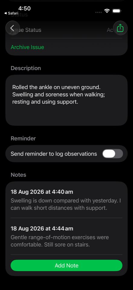 RecoverCoach issue detail showing notes and dated entries