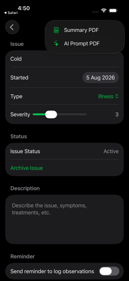 RecoverCoach export menu with summary and AI prompt options