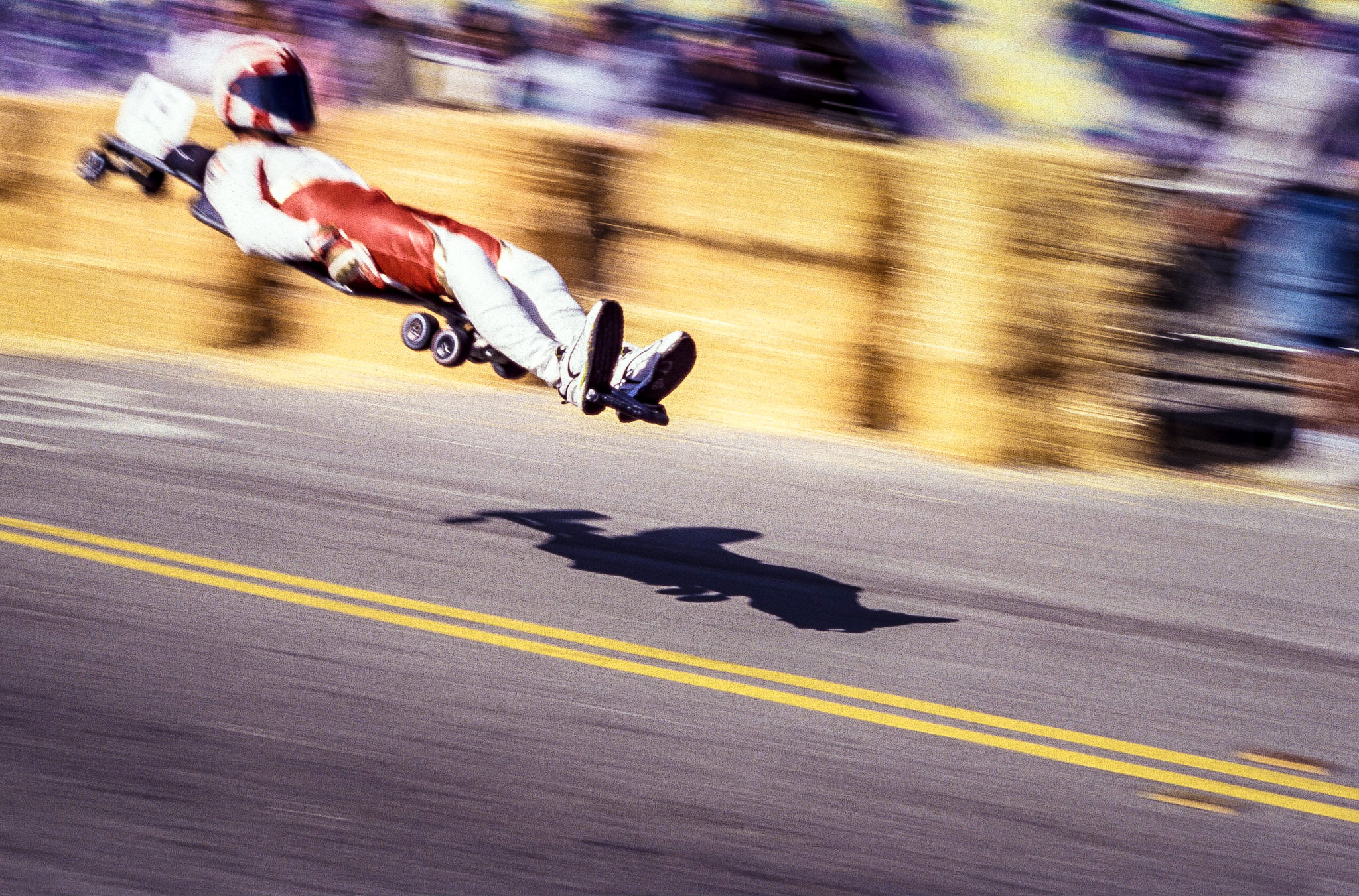 Skateboarder moving through the street