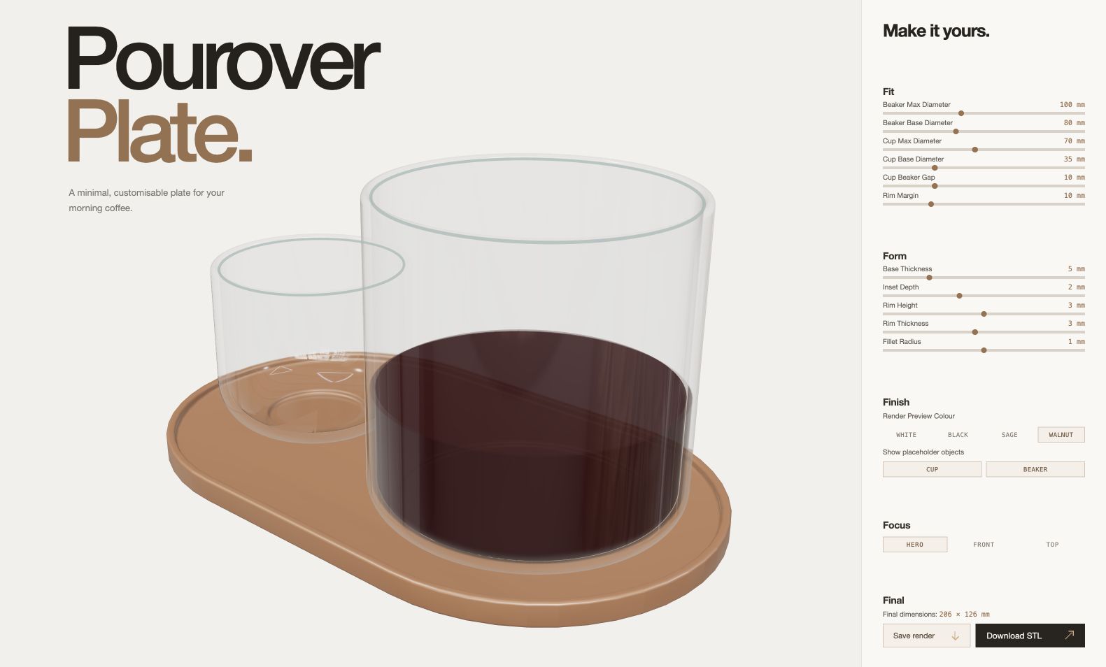 The Pourover Plate configurator showing its title, controls, and a three-quarter Hero view of a walnut plate with a coffee beaker and cup