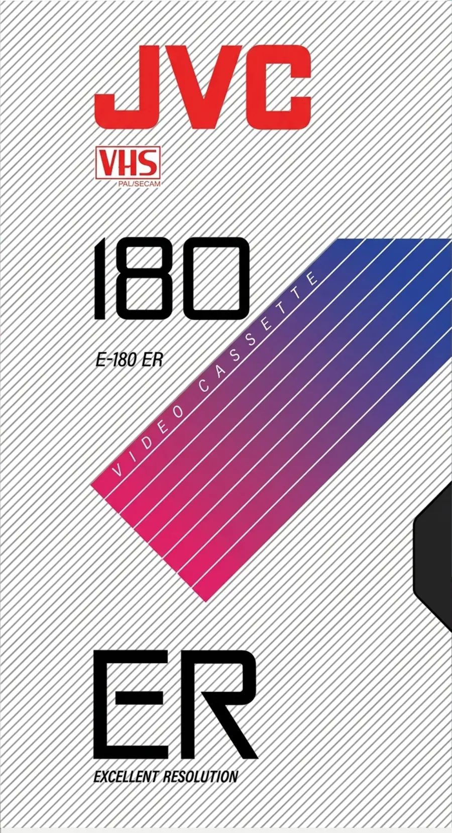 Vintage JVC E-180 VHS tape cover with a magenta and violet diagonal motif