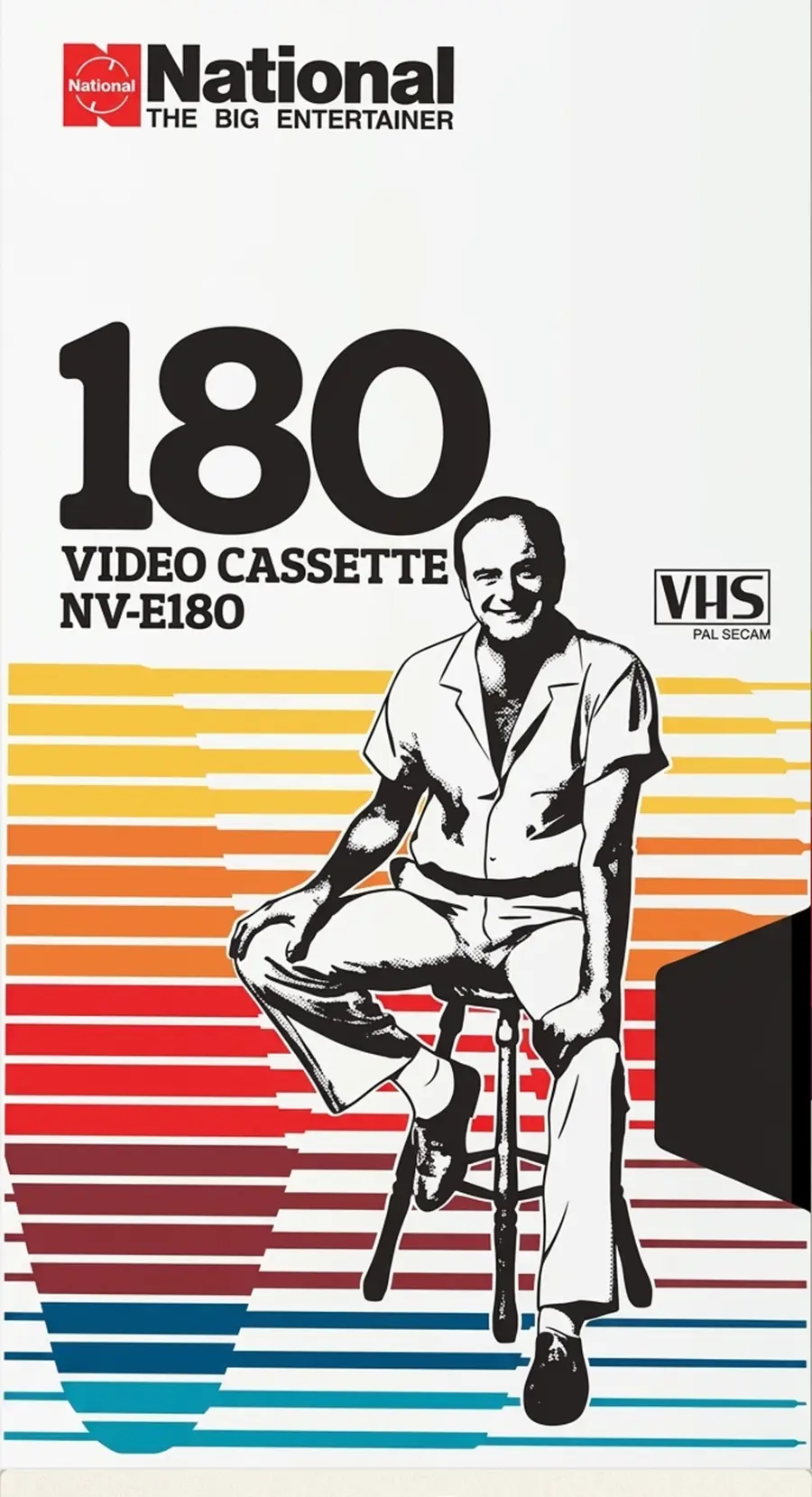 Vintage National E-180 VHS tape cover with a seated man and rainbow lines