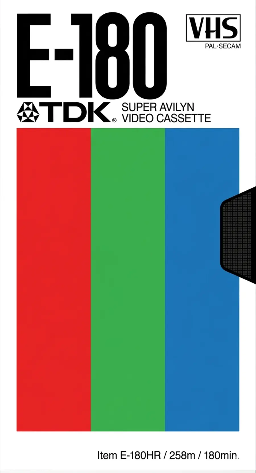 Vintage TDK E-180 VHS tape cover with red, green and blue bars